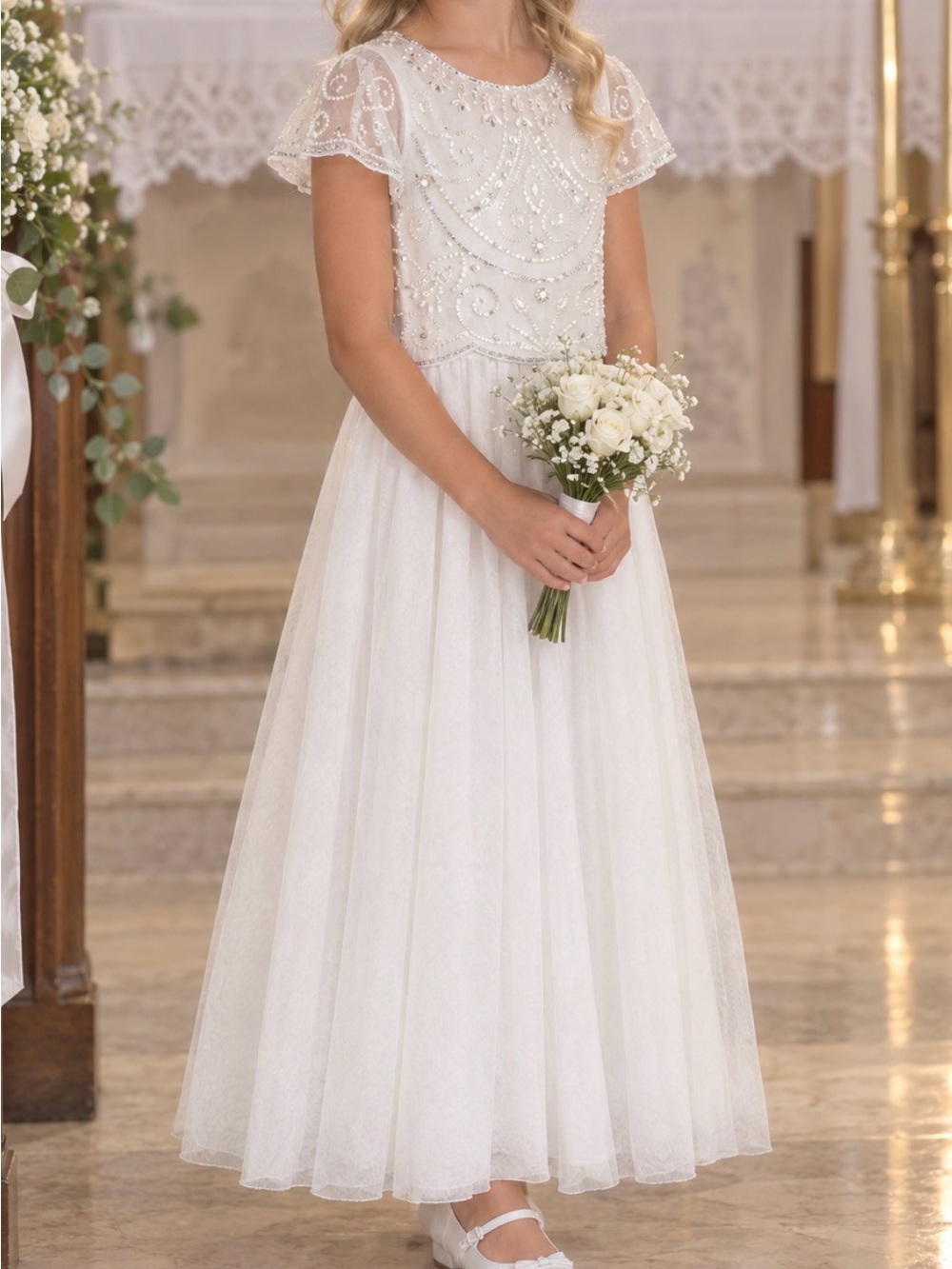 Monsoon White Beaded Tulle Flower Girl Dress